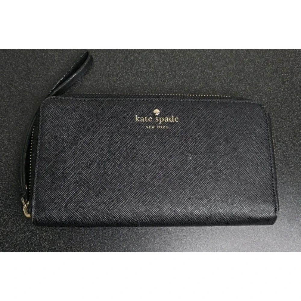 KATE SPADE Saffiano Full Zip Wallet WRISTLET Black Gold Quiet Luxury Card Holder